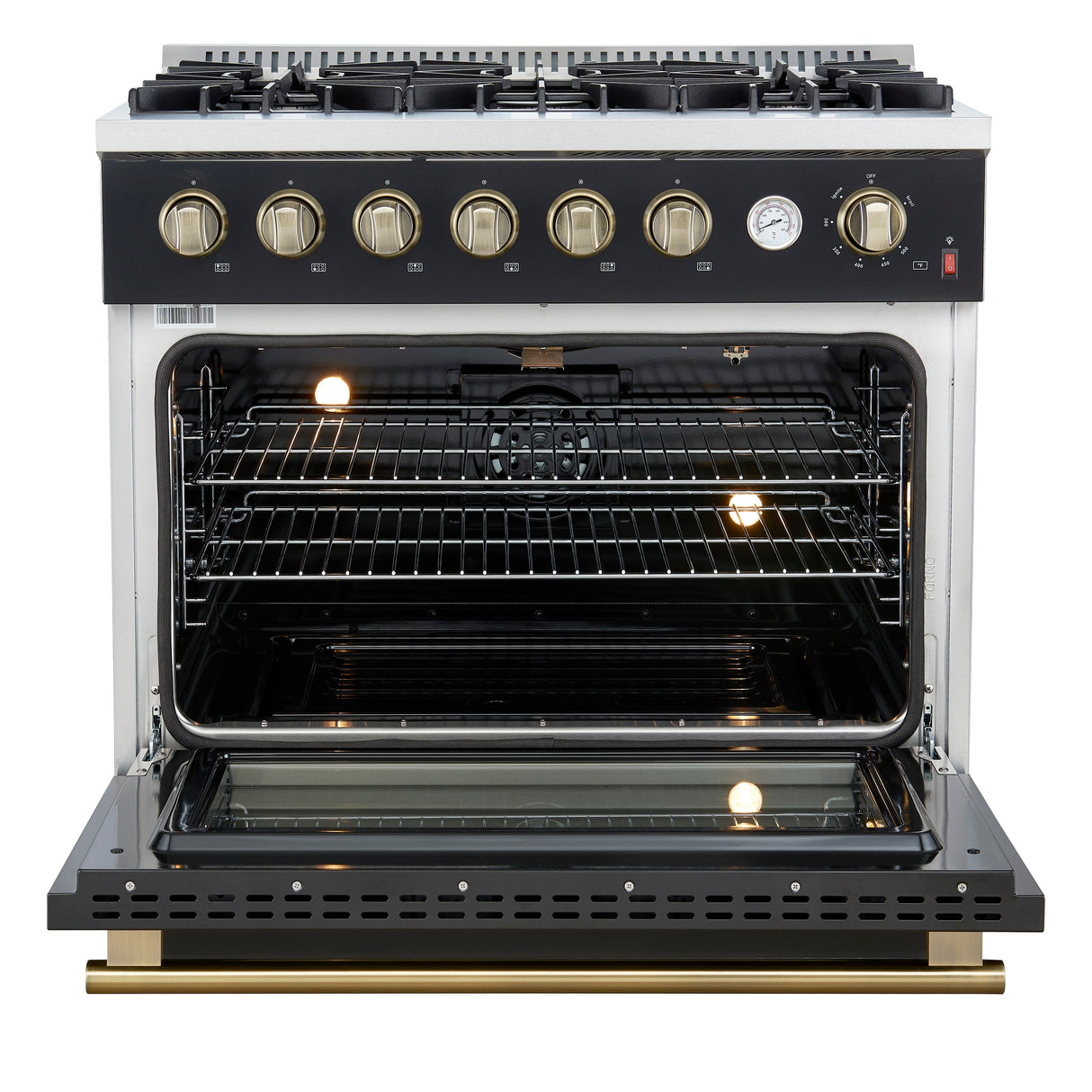 FORNO Marco 36" 5.36 cu.ft. Gas Range with 6 Burners and Temperature Gauge in Black with Antique Brass Accents, FFSGS6277-36BLK