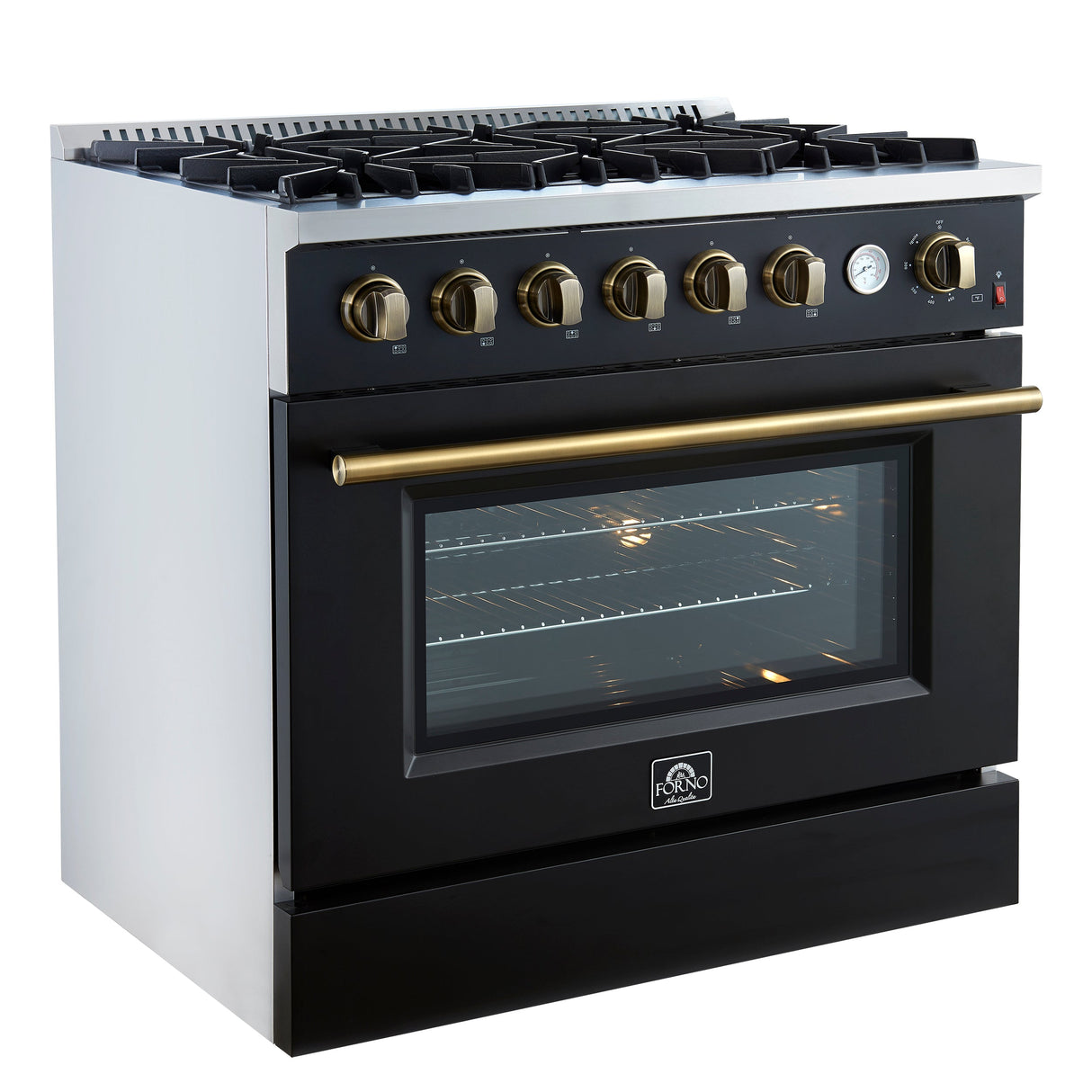 FORNO Marco 36" 5.36 cu.ft. Gas Range with 6 Burners and Temperature Gauge in Black with Antique Brass Accents, FFSGS6277-36BLK