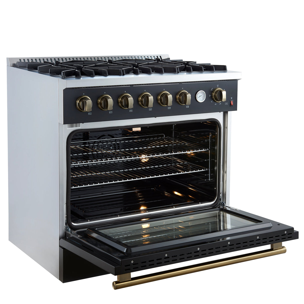FORNO Marco 36" 5.36 cu.ft. Gas Range with 6 Burners and Temperature Gauge in Black with Antique Brass Accents, FFSGS6277-36BLK