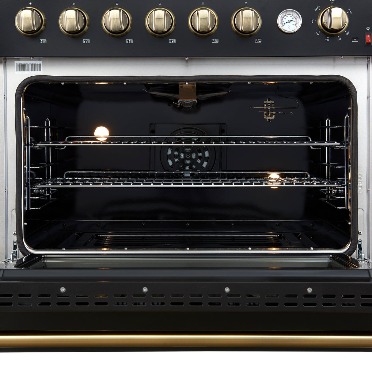 FORNO Marco 36" 5.36 cu.ft. Gas Range with 6 Burners and Temperature Gauge in Black with Antique Brass Accents, FFSGS6277-36BLK