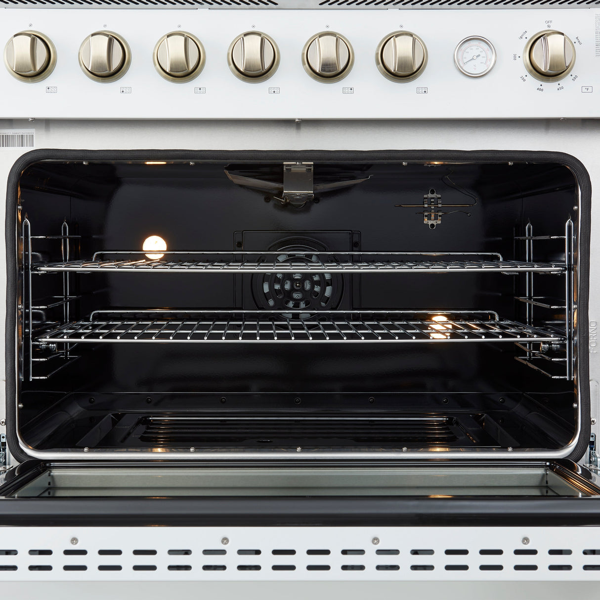 FORNO Marco 36" 5.36 cu.ft. Gas Range with 6 Burners and Temperature Gauge in White with Antique Brass Accents, FFSGS6277-36WHT