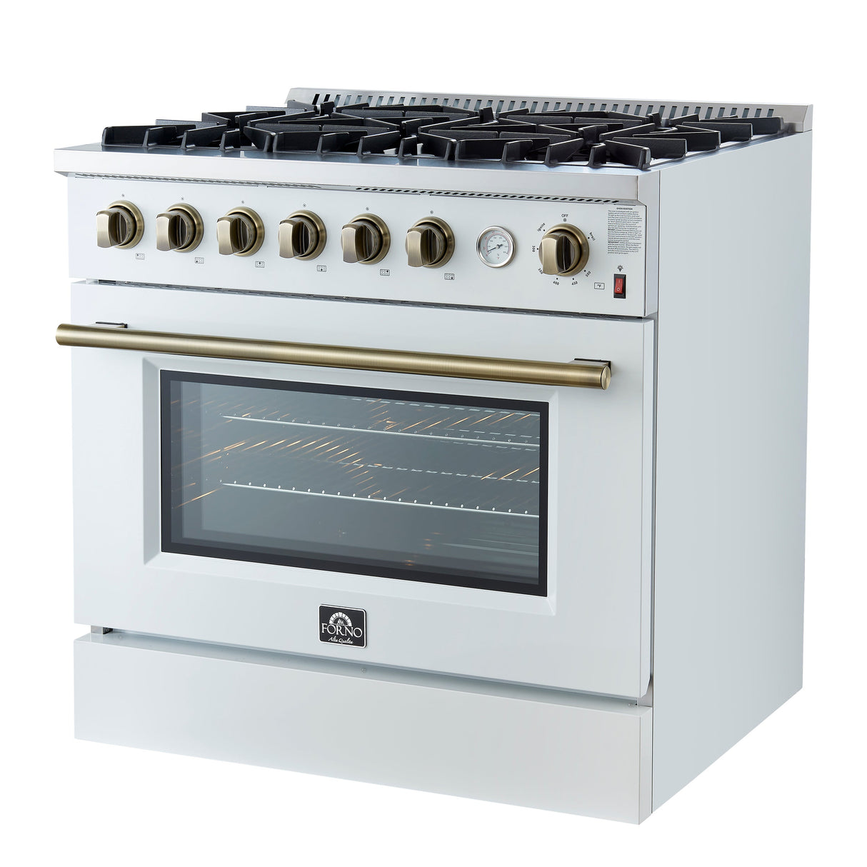 FORNO Marco 36" 5.36 cu.ft. Gas Range with 6 Burners and Temperature Gauge in White with Antique Brass Accents, FFSGS6277-36WHT