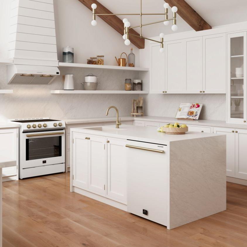 FORNO Espresso Package - 30" Induction Range, Refrigerator and Dishwasher in White with Antique Brass Handles