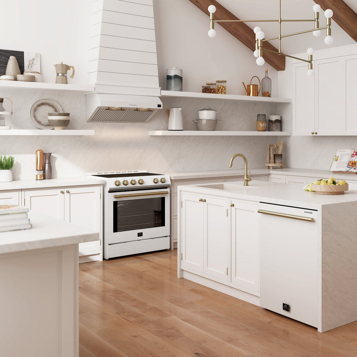 FORNO Espresso Pozzo 24" Built-In Dishwasher in White with Antique Brass Handles, FDWBI8067-24WHT