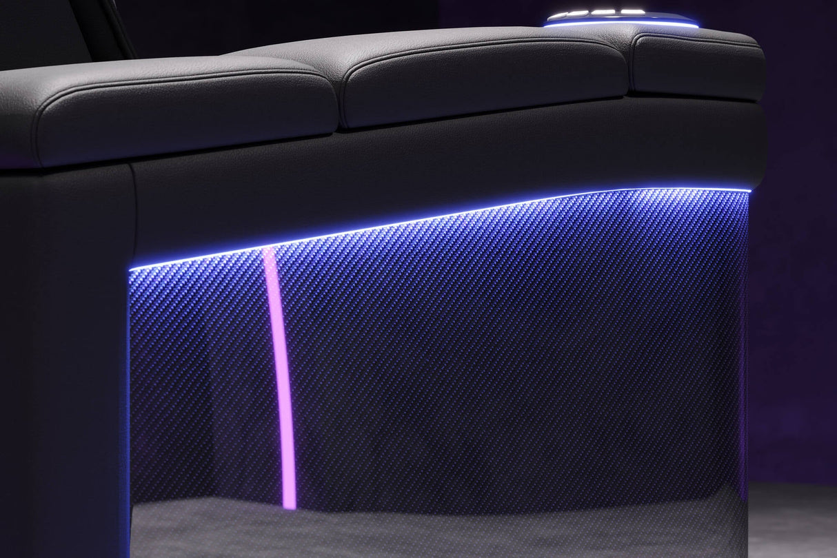 Valencia 2025 New Monza Leather Home Theater Seating With Carbon Fiber Panel Row of 4, Black