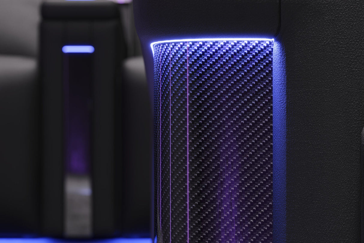 Valencia 2025 New Monza Leather Home Theater Seating With Carbon Fiber Panel Row of 4, Black