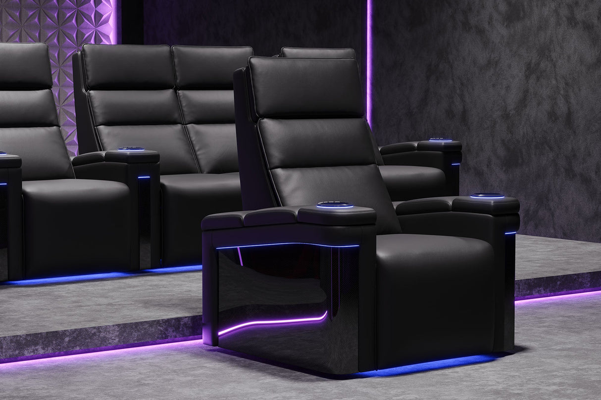Valencia 2025 New Monza Leather Home Theater Seating With Carbon Fiber Panel Row of 4, Black