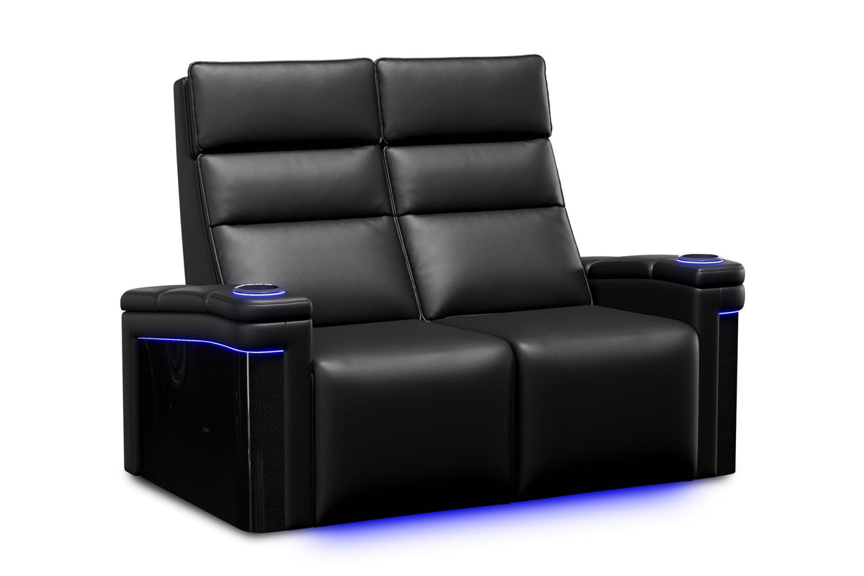 Valencia 2025 New Monza Leather Home Theater Seating With Carbon Fiber Panel Row of 2 Loveseat, Black