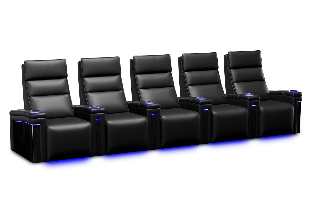 Valencia 2025 New Monza Leather Home Theater Seating With Carbon Fiber Panel Row of 5, Black