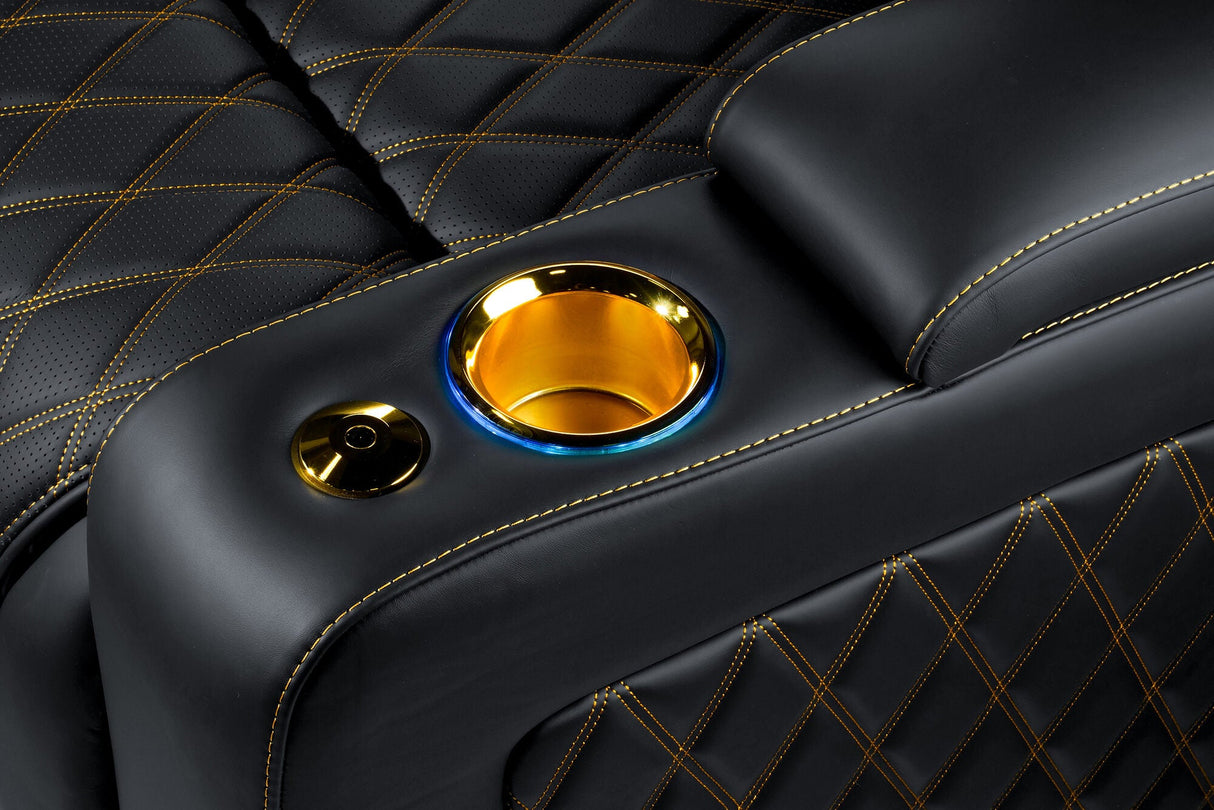 Valencia 2025 New Oslo Ultimate Luxury Leather Home Theater Seating Row of 4, Onyx with Gold Stitching