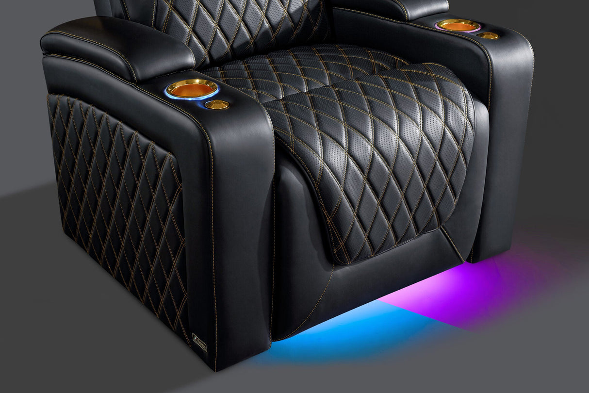 Valencia 2025 New Oslo Ultimate Luxury Leather Home Theater Seating Row of 4, Onyx with Gold Stitching