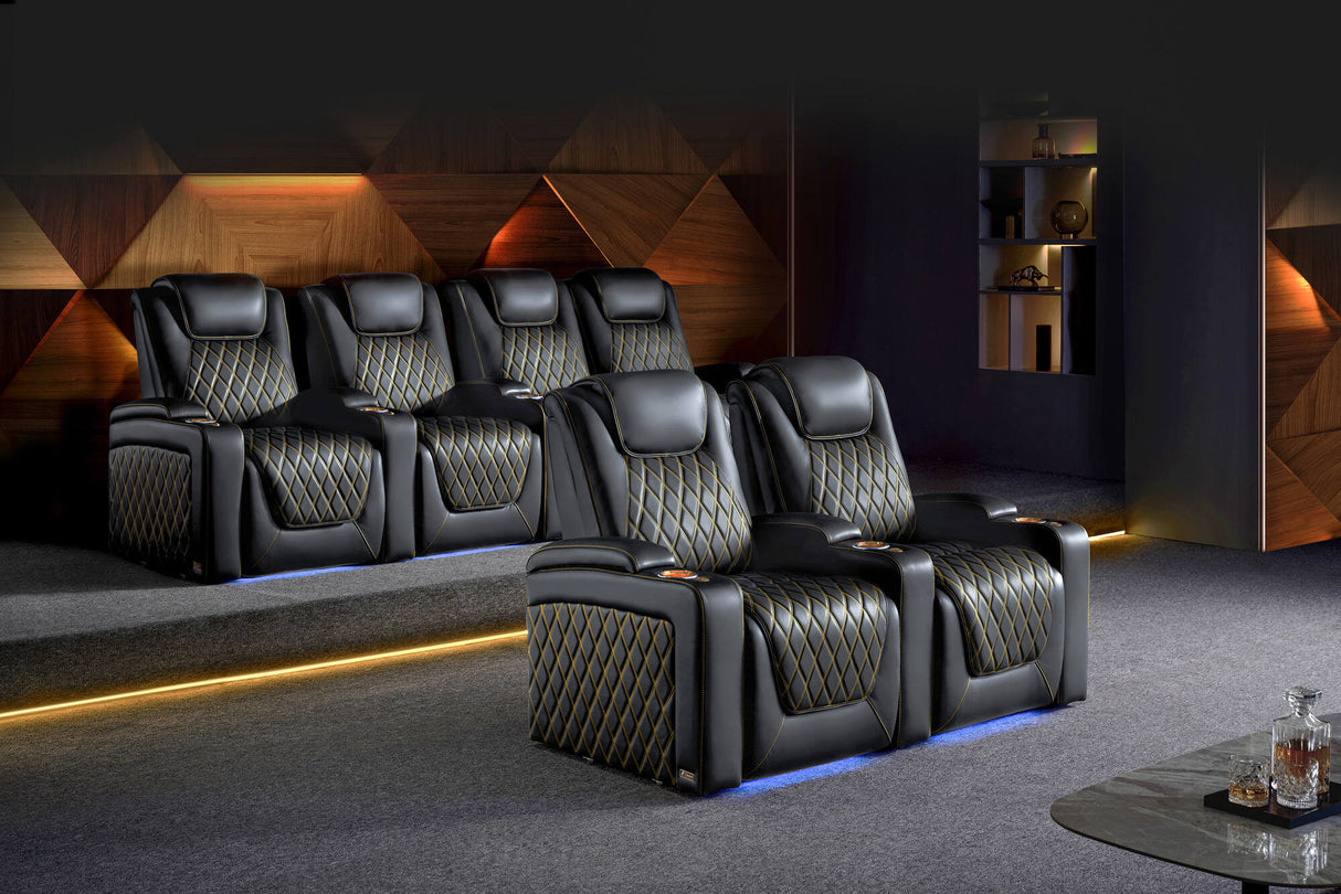 Valencia 2025 New Oslo Ultimate Luxury Leather Home Theater Seating Row of 3, Onyx with Gold Stitching