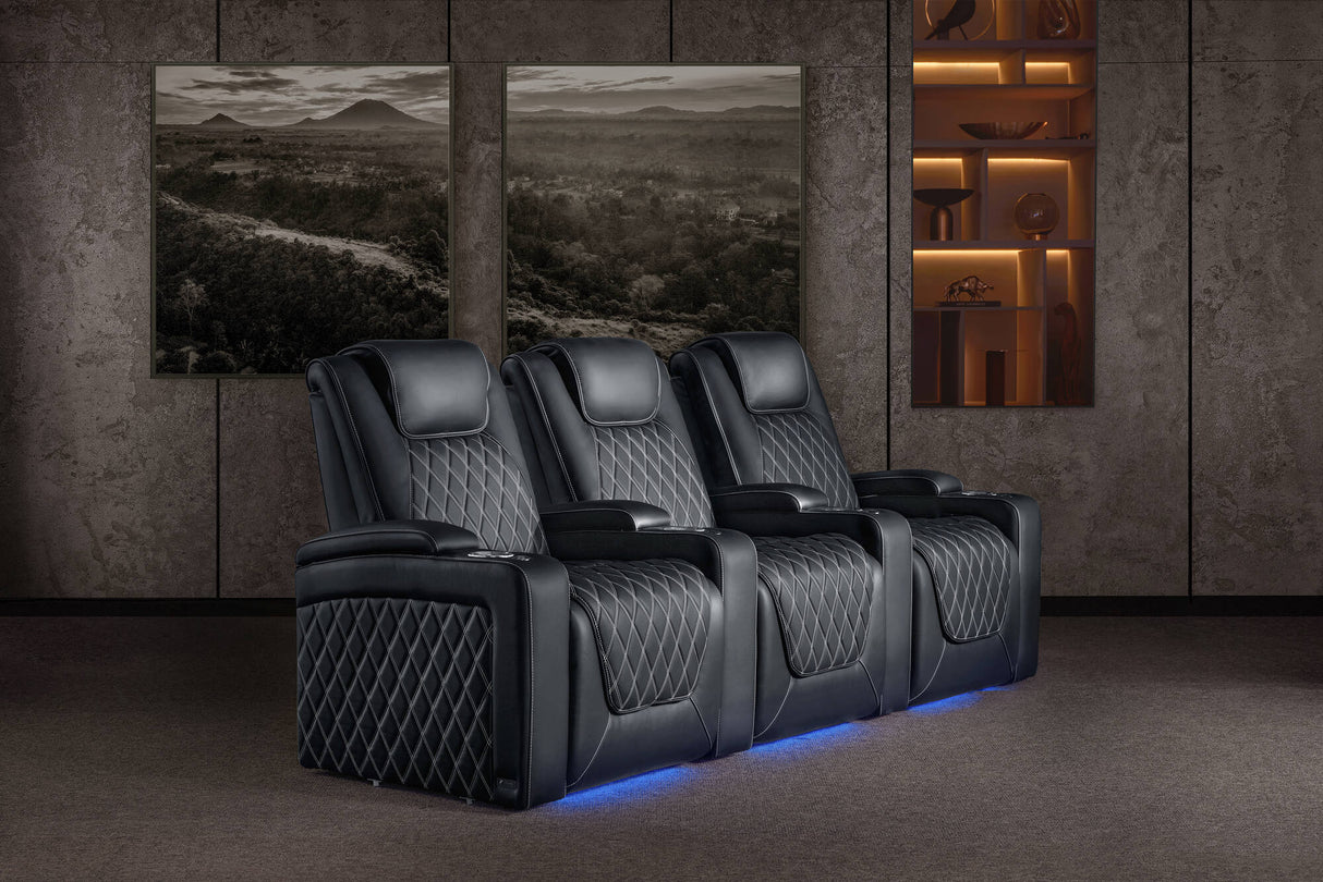 Valencia 2025 New Oslo Ultimate Luxury Leather Home Theater Seating Row of 2, Onyx with Silver Stitching