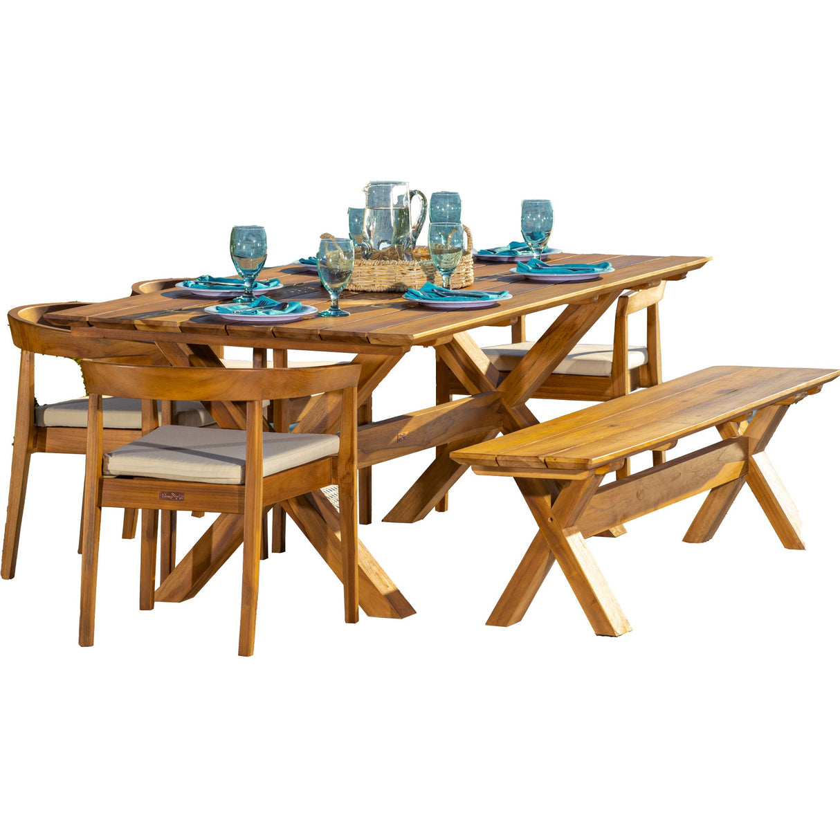 Panama Jack Bali Teak 7-Piece Rectangular Dining Table with Bench