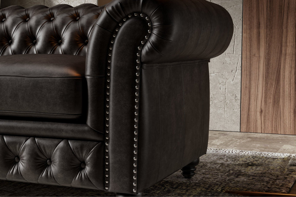 Valencia Parma Full Aniline Leather Chesterfield Single Sofa Accent Chair, Black