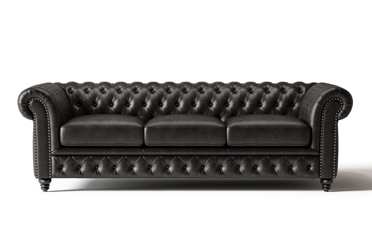 Valencia Parma 92" Full Aniline Leather Chesterfield Three Seats Sofa, Black