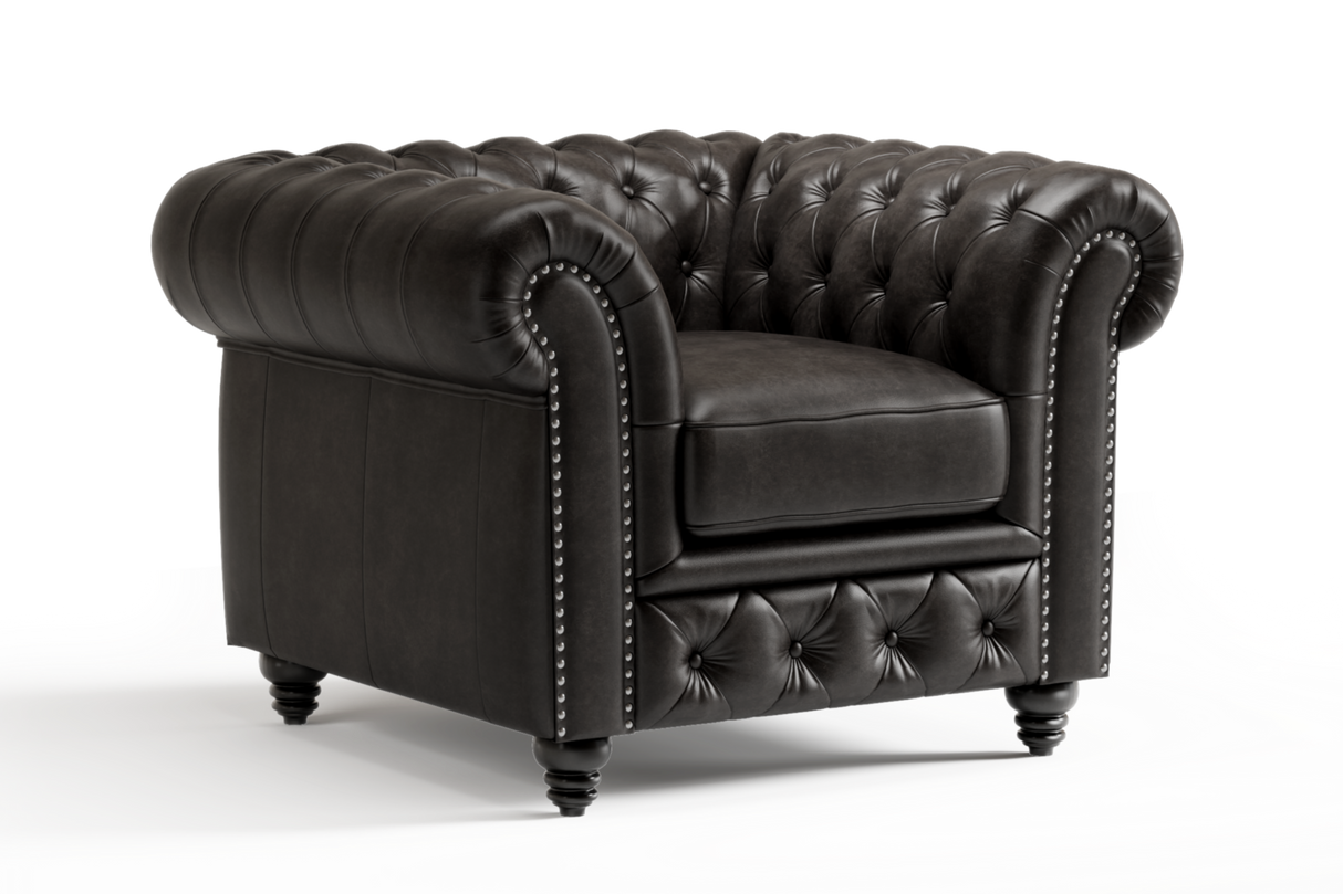 Valencia Parma Full Aniline Leather Chesterfield Single Sofa Accent Chair, Black