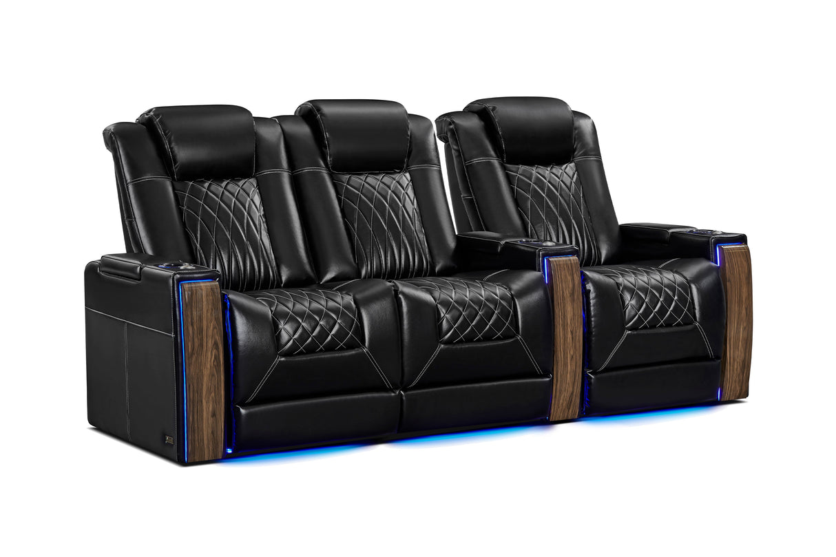 Valencia 2025 New Tuscany Executive Heat & Massage Leather Home Theater Seating Row of 3 Loveseat Left, Midnight Black
