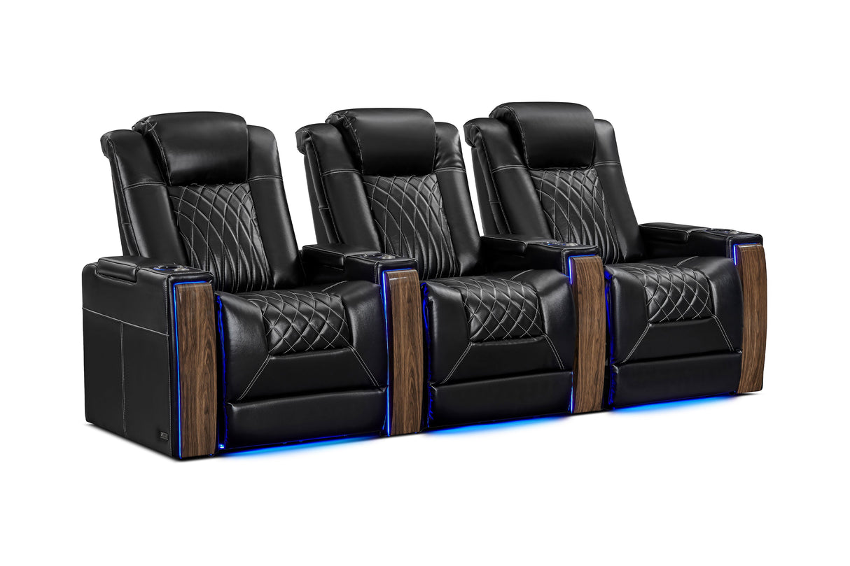 Valencia 2025 New Tuscany Executive Heat & Massage Leather Home Theater Seating Row of 3, Midnight Black