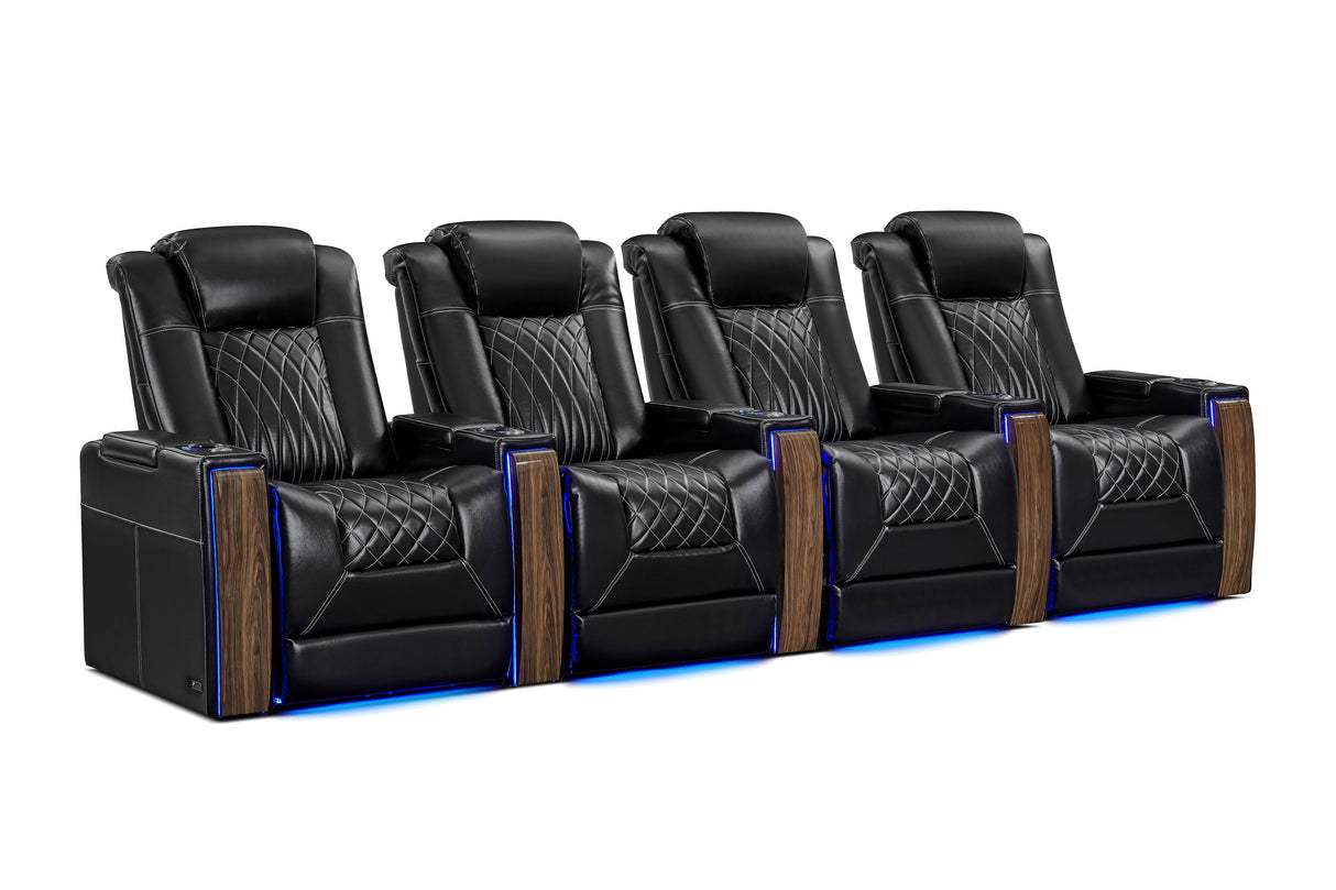 Valencia 2025 New Tuscany Executive Heat & Massage Leather Home Theater Seating Row of 4, Midnight Black