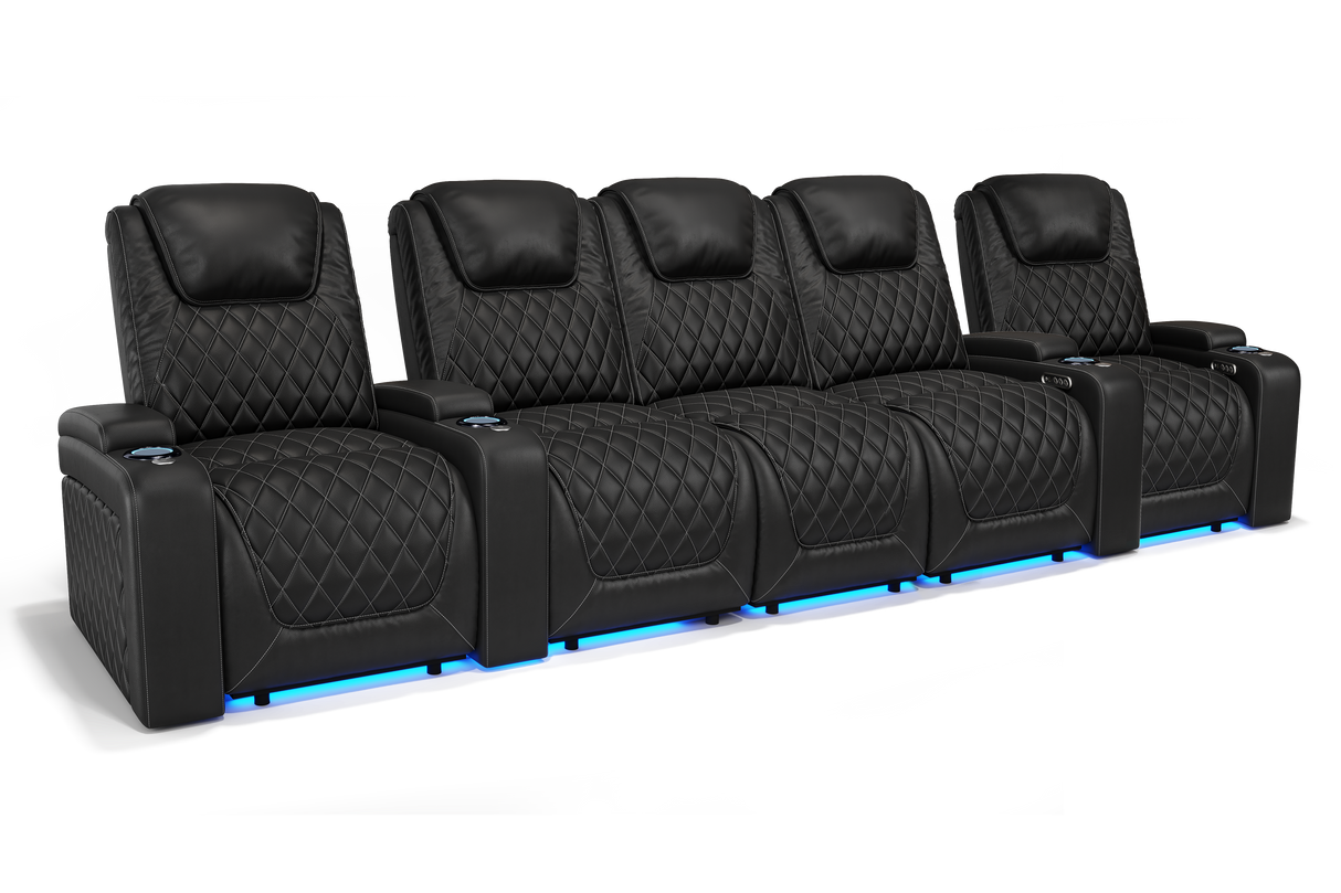 Valencia 2025 New Oslo Leather Home Theater Seating Row of 5 Set of 3 Center, Midnight Black