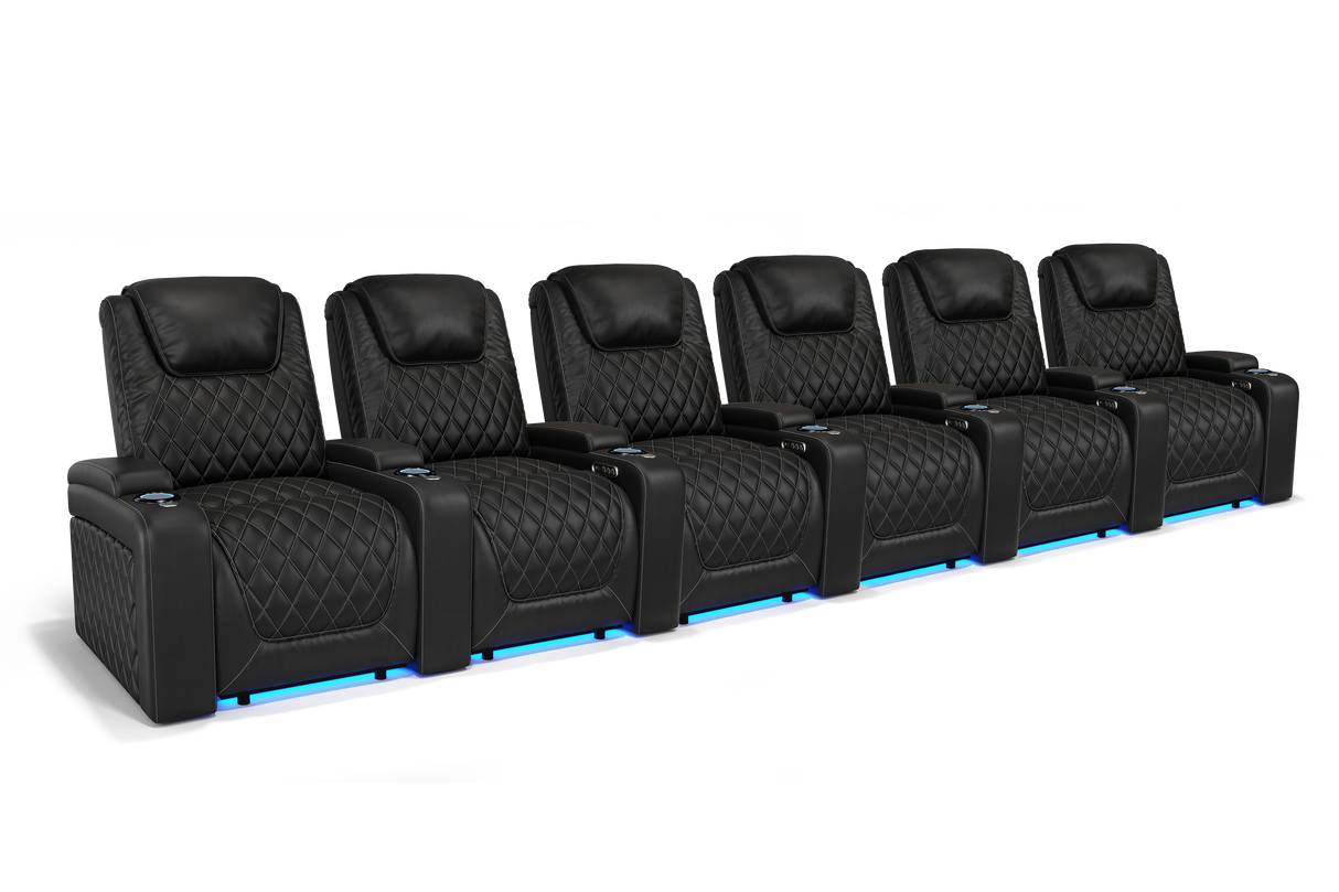 Valencia 2025 New Oslo Leather Home Theater Seating Row of 6, Midnight Black