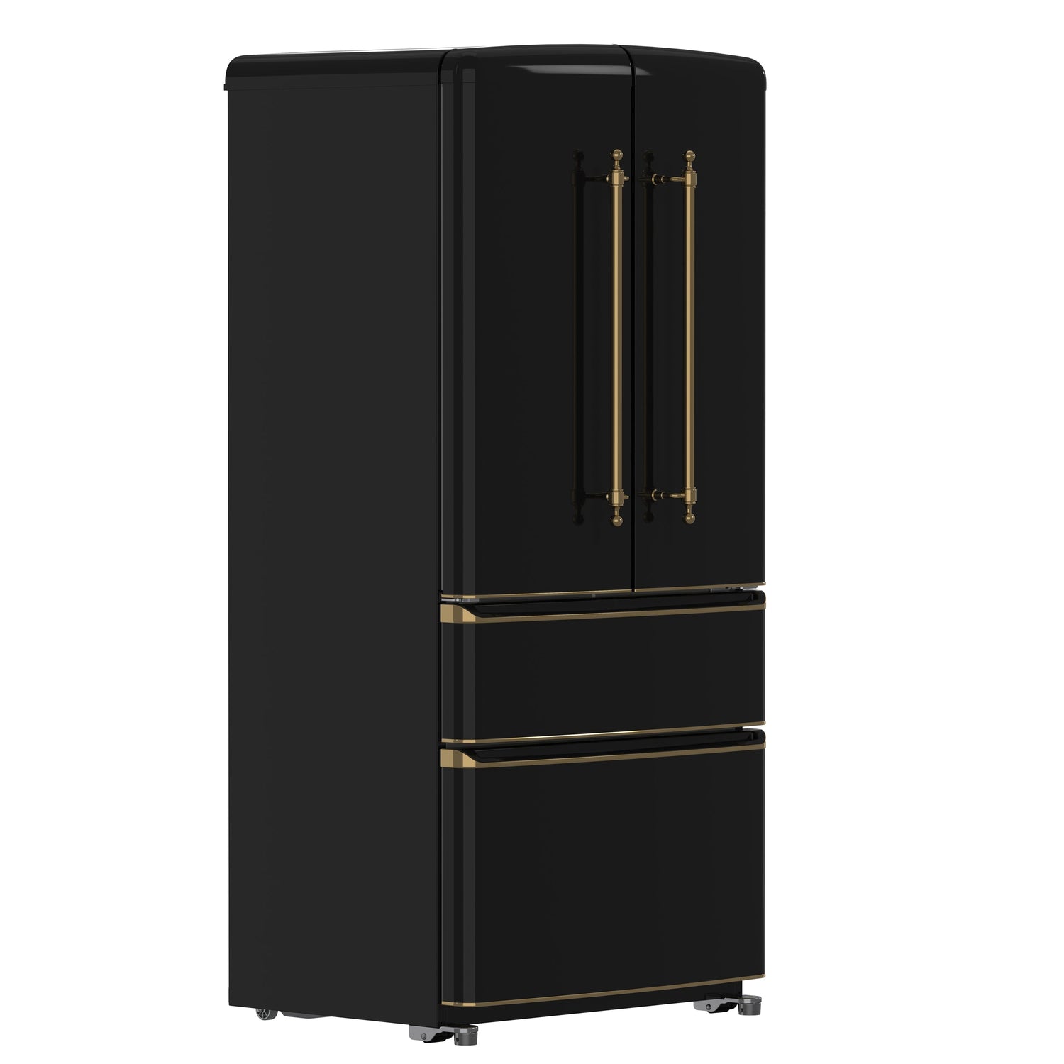 FORNO Espresso Luigi 33" 18 cu. ft. French Door Refrigerator in Black with Antique Brass Handles, FFFFD1791-33BLK