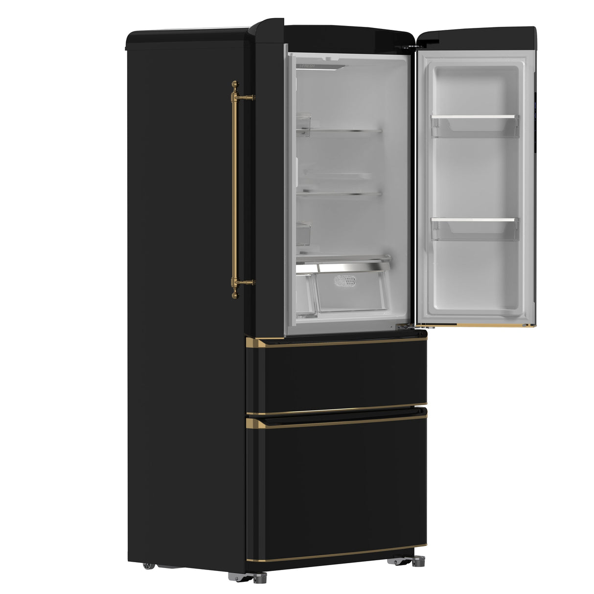 FORNO Espresso Luigi 33" 18 cu. ft. French Door Refrigerator in Black with Antique Brass Handles, FFFFD1791-33BLK
