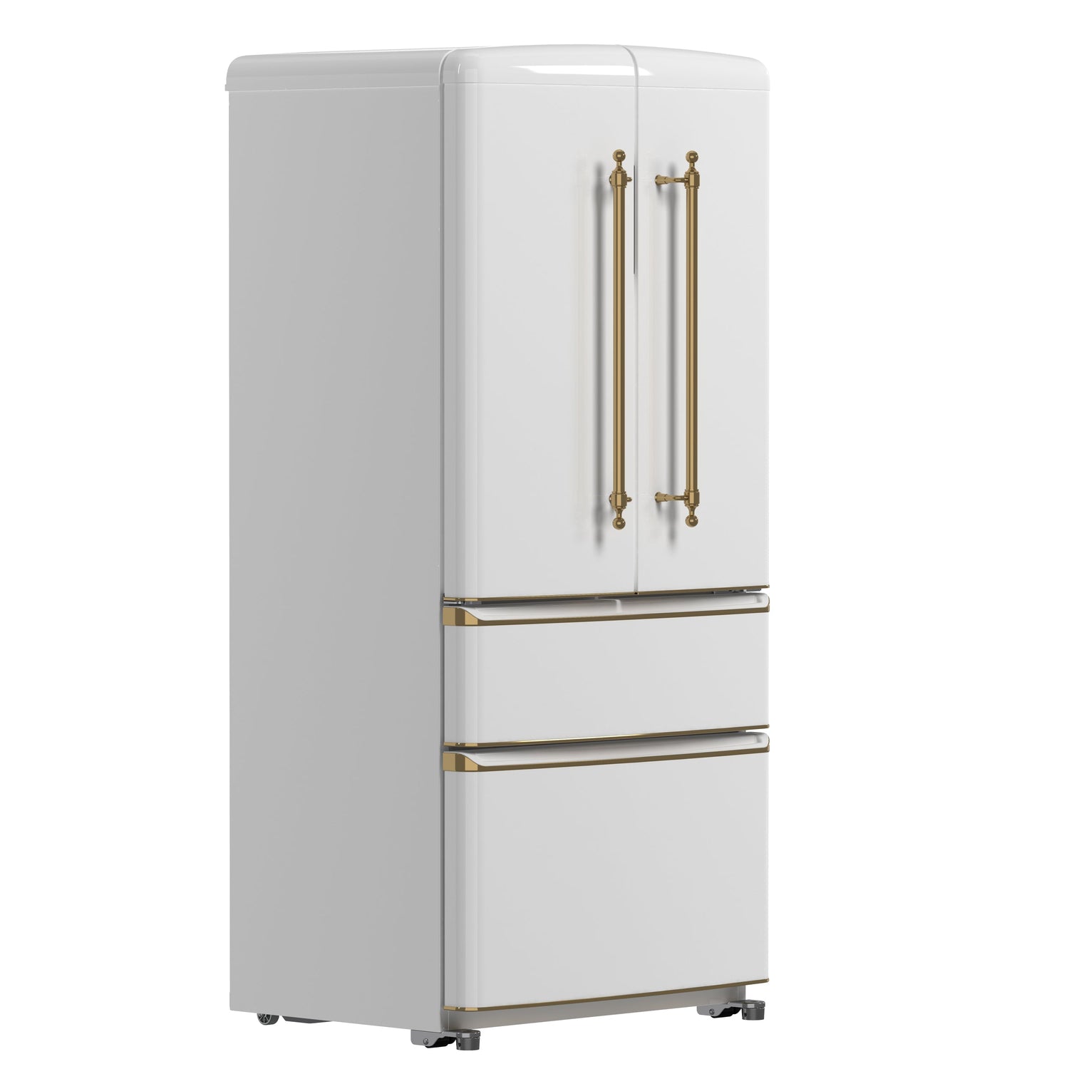 FORNO Espresso Luigi 33" 18 cu. ft. French Door Refrigerator in White with Antique Brass Handles, FFFFD1791-33WHT