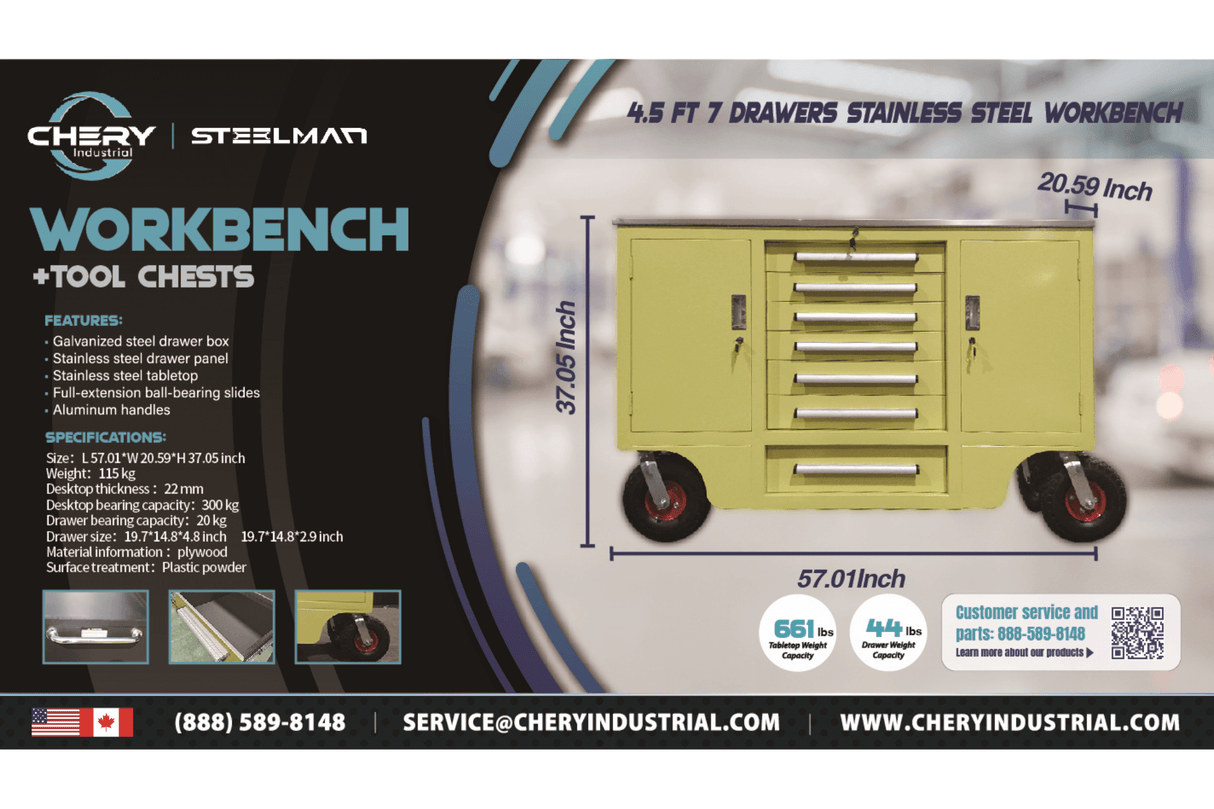 4.5ft Heavy Duty Mobile Workbench with 7 Drawers & 2 Cabinets