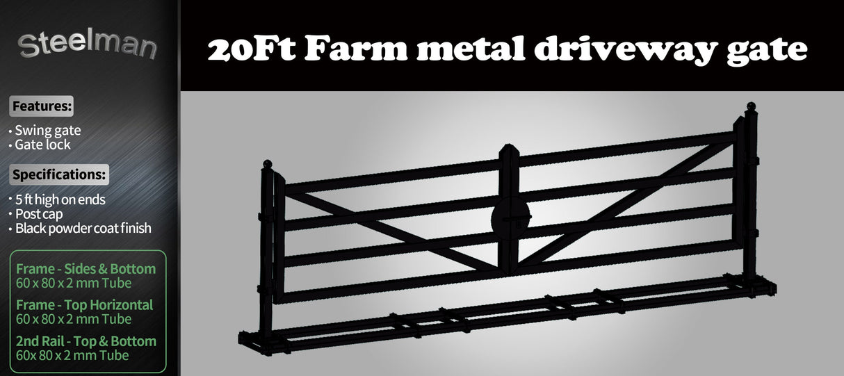 20ft Farm Metal Driveway Gate with Diagonal Tubes