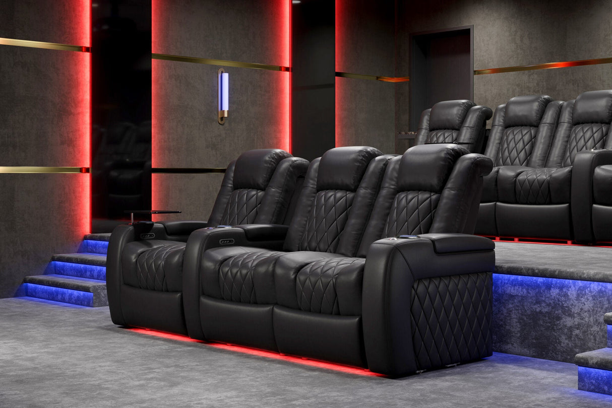 Valencia 2025 New Tuscany Italian Leather Home Theater Seating Row of 4 Loveseat Center, Midnight Black