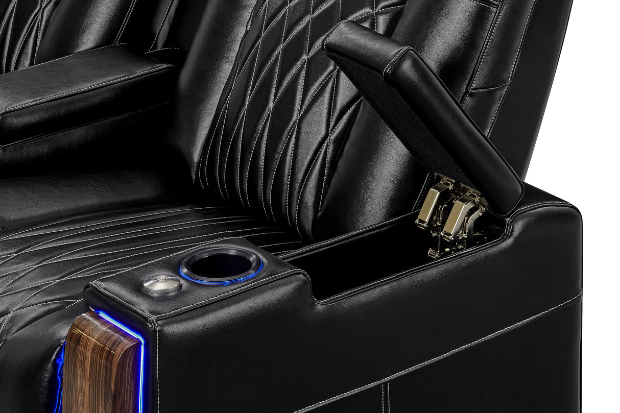 Valencia 2025 New Tuscany Executive Heat & Massage Leather Home Theater Seating Row of 4, Midnight Black