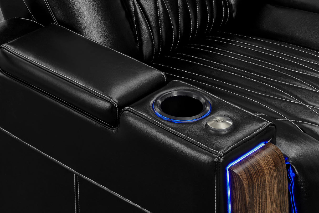 Valencia 2025 New Tuscany Executive Heat & Massage Leather Home Theater Seating Row of 3 Loveseat Left, Midnight Black