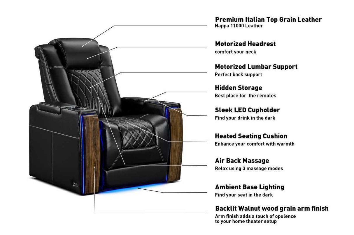Valencia 2025 New Tuscany Executive Heat & Massage Leather Home Theater Seating Row of 4, Midnight Black