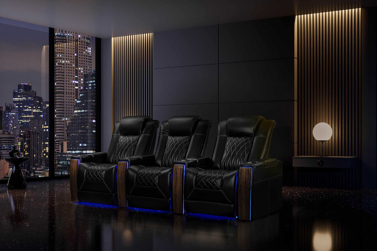 Valencia 2025 New Tuscany Executive Heat & Massage Leather Home Theater Seating Row of 3, Midnight Black