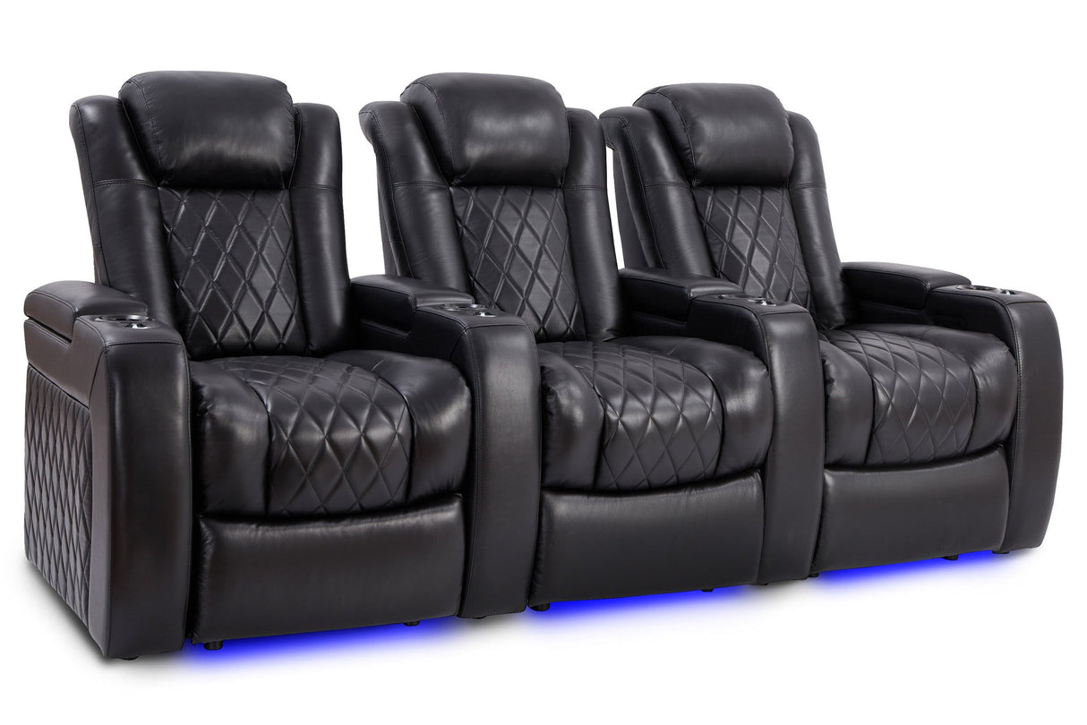 Valencia Tuscany Slim Leather Home Theater Seating Row of 3, Midnight Black