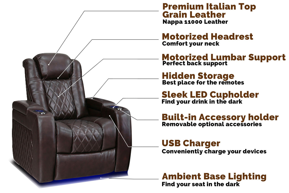 Valencia Tuscany Leather Home Theater Seating Single, Dark Chocolate