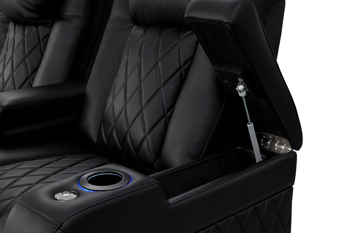 Valencia 2025 New Tuscany Heat & Massage Leather Home Theater Seating Row of 2 Loveseat, Midnight Black