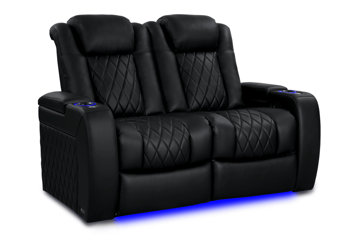 Valencia 2025 New Tuscany Heat & Massage Leather Home Theater Seating Row of 2 Loveseat, Midnight Black
