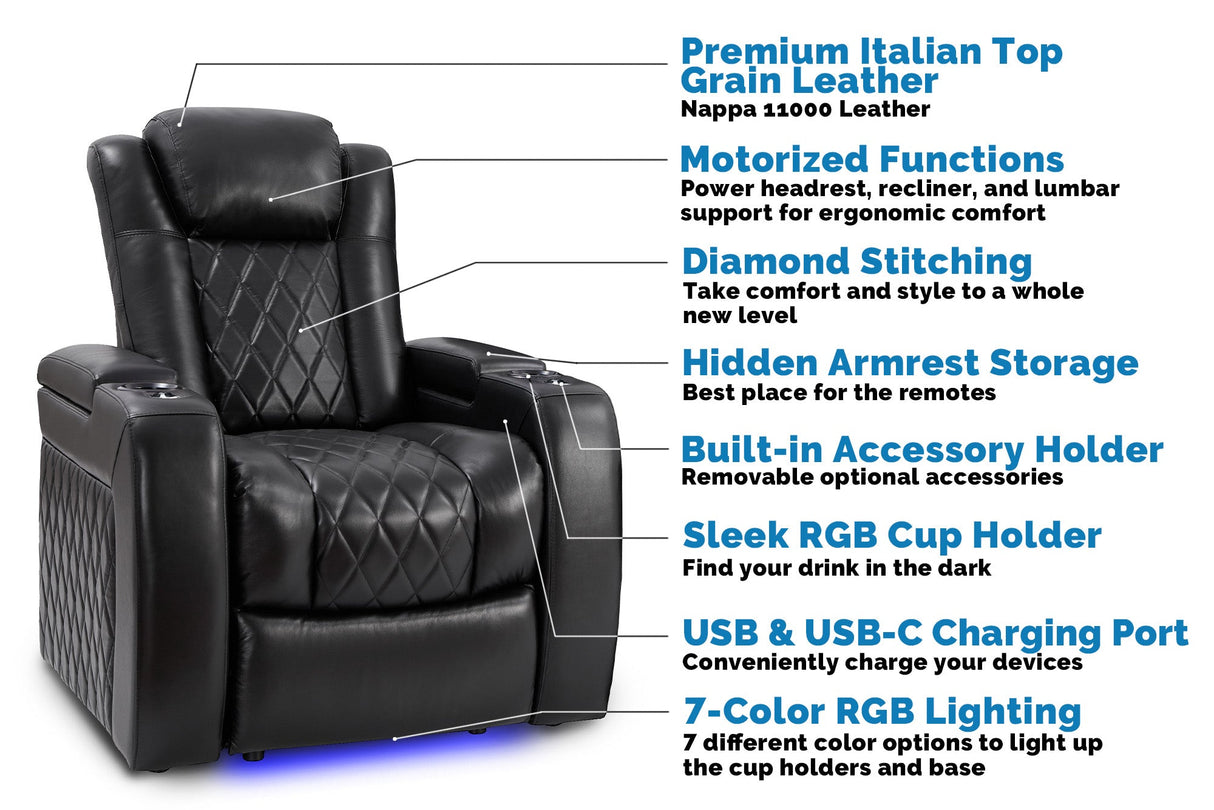 Valencia Tuscany Slim Leather Home Theater Seating Row of 2 Loveseat, Midnight Black