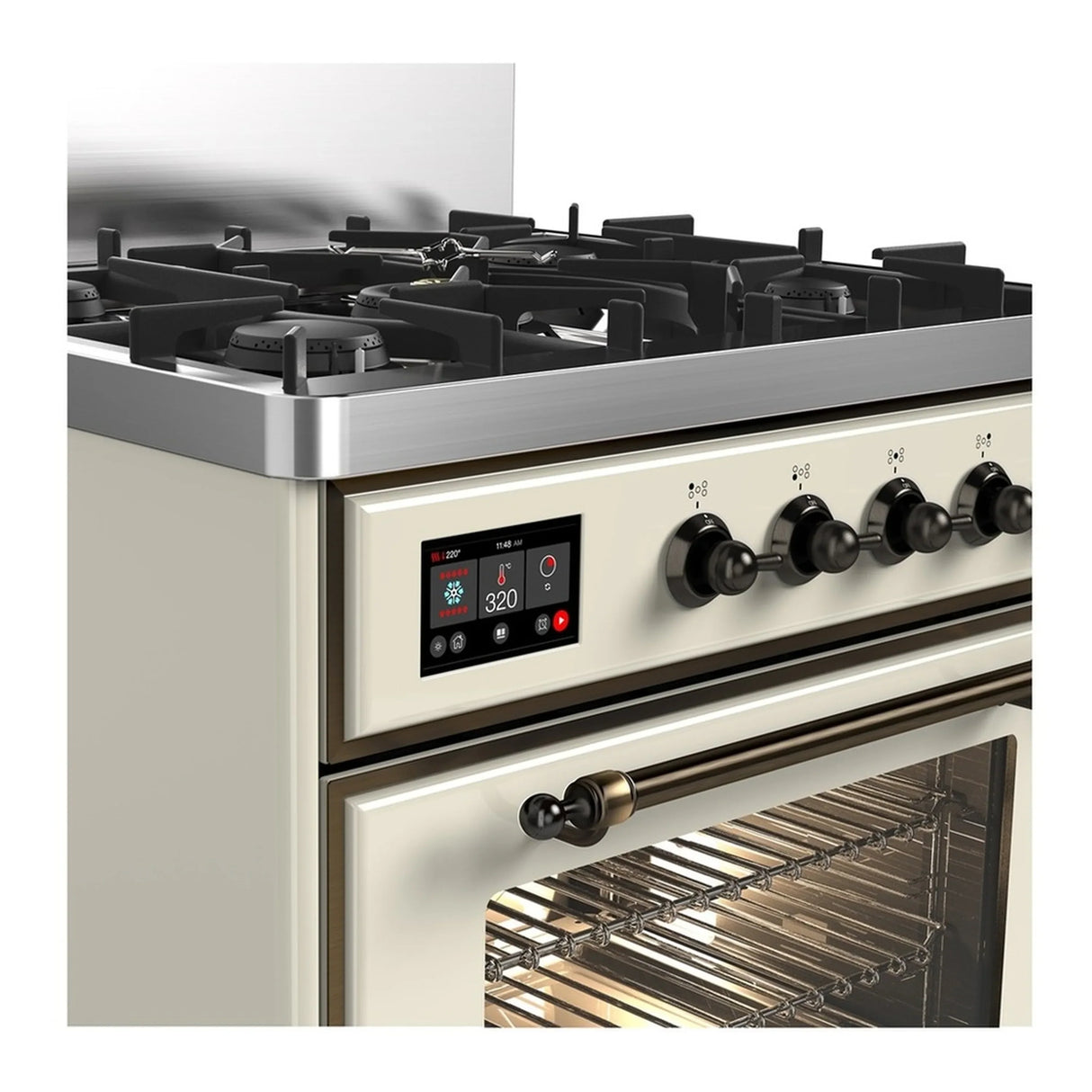 ILVE Majestic III 30-inch Dual Fuel Range with 5 Natural Gas Burner and Triple Glass Door Electric Oven in Antique White with Burnished Trim (UM30NR3AWB)
