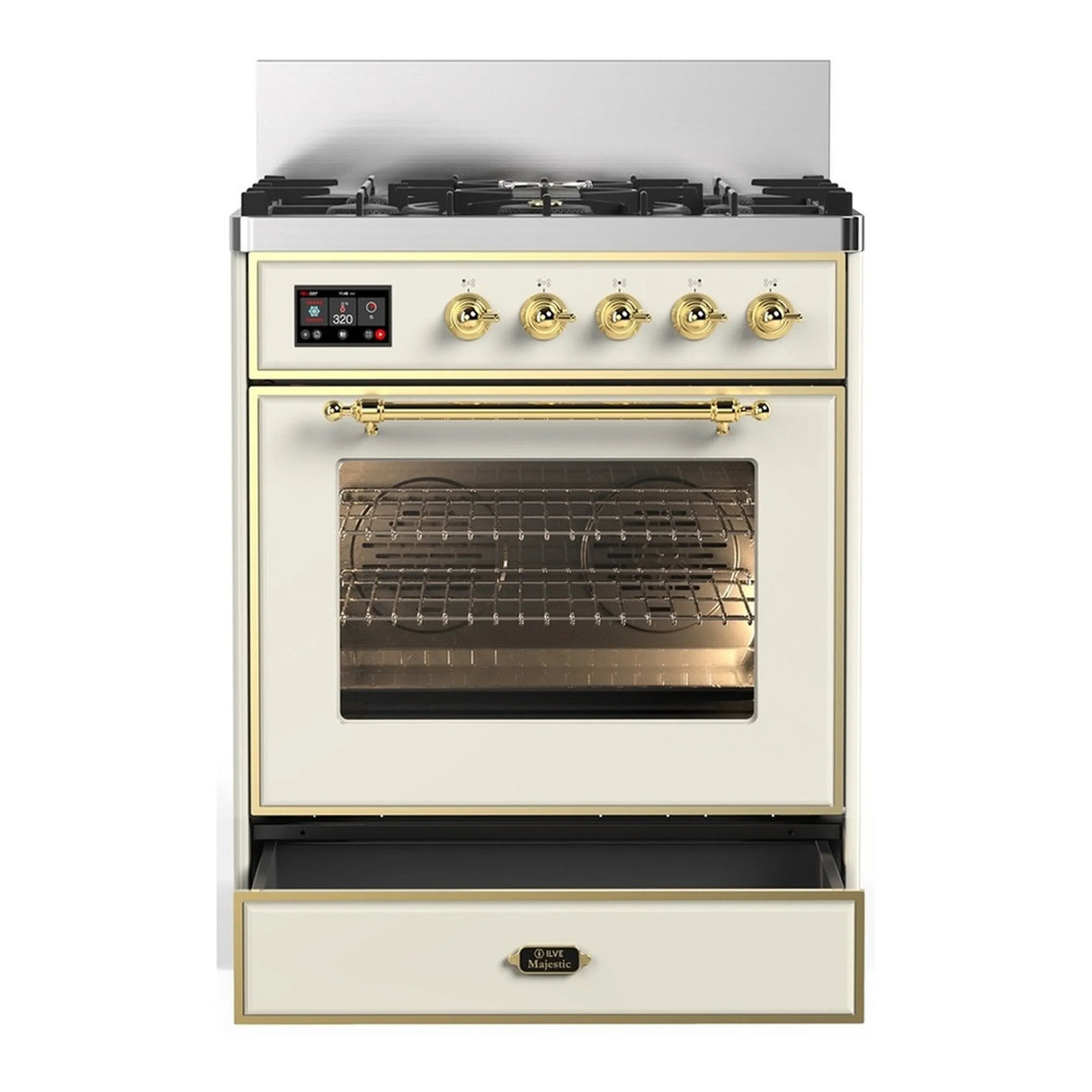 ILVE Majestic III 30-inch Dual Fuel Range with 5 Natural Gas Burner and Triple Glass Door Electric Oven in Antique White with Brass Trim (UM30NR3AWG)