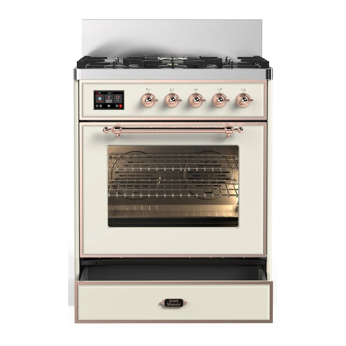 ILVE Majestic III 30-inch Dual Fuel Range with 5 Natural Gas Burner and Triple Glass Door Electric Oven in Antique White with Copper Trim (UM30NR3AWP)