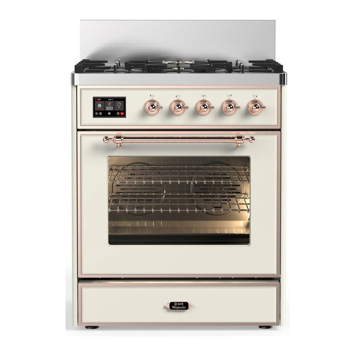 ILVE Majestic III 30-inch Dual Fuel Range with 5 Natural Gas Burner and Triple Glass Door Electric Oven in Antique White with Copper Trim (UM30NR3AWP)