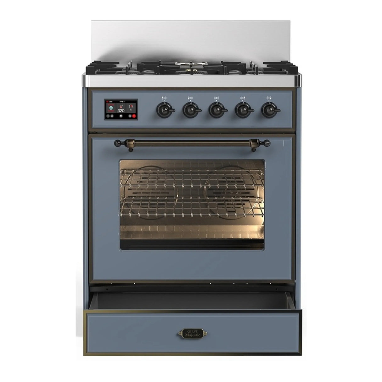 ILVE Majestic III 30-inch Dual Fuel Range with 5 Natural Gas Burner and Triple Glass Door Electric Oven in Blue Grey with Burnished Trim (UM30NR3BGB)