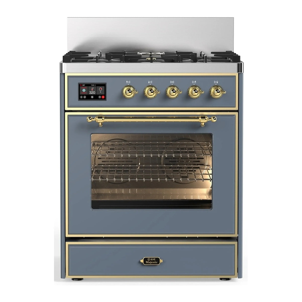 ILVE Majestic III 30-inch Dual Fuel Range with 5 Natural Gas Burner and Triple Glass Door Electric Oven in Blue Grey with Brass Trim (UM30NR3BGG)