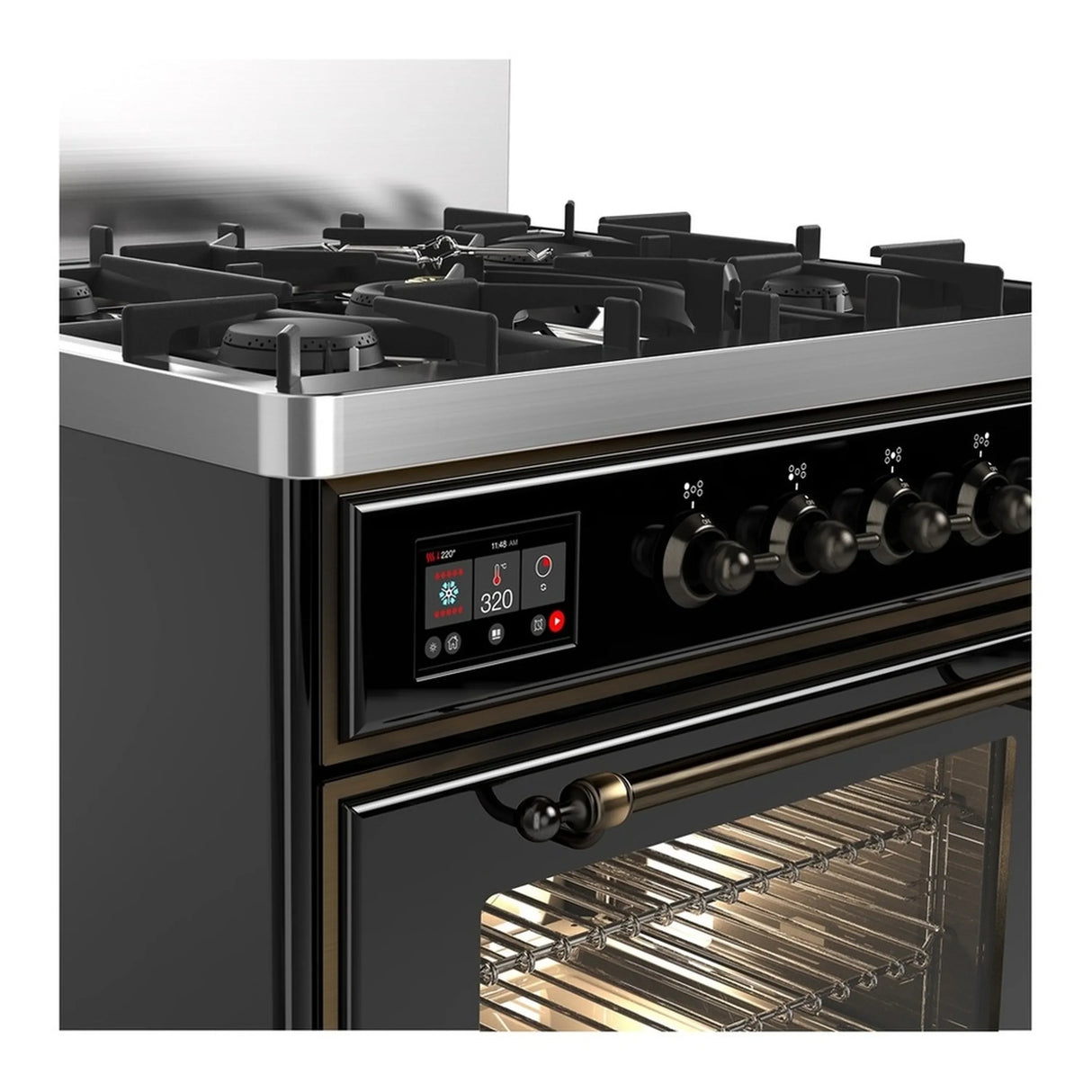 ILVE Majestic III 30-inch Dual Fuel Range with 5 Natural Gas Burner and Triple Glass Door Electric Oven in Glossy Black with Burnished Trim (UM30NR3BKB)