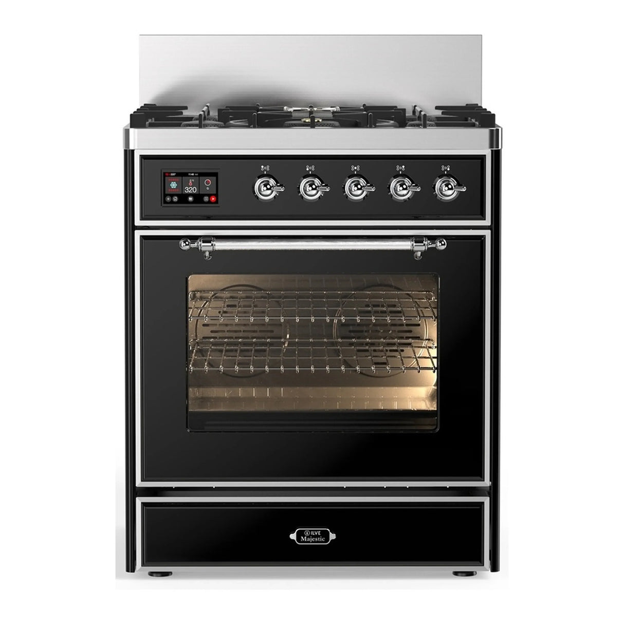 ILVE Majestic III 30-inch Dual Fuel Range with 5 Natural Gas Burner and Triple Glass Door Electric Oven in Glossy Black with Chrome Trim (UM30NR3BKC)
