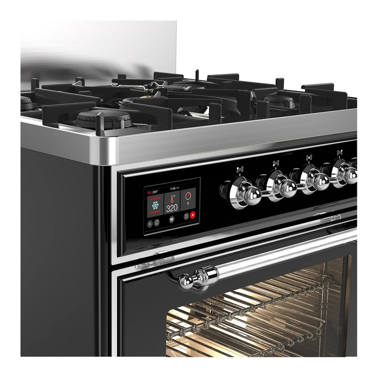 ILVE Majestic III 30-inch Dual Fuel Range with 5 Natural Gas Burner and Triple Glass Door Electric Oven in Glossy Black with Chrome Trim (UM30NR3BKC)
